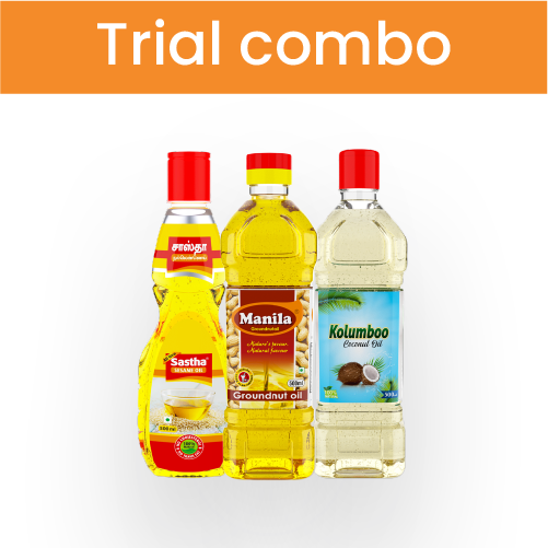 Enna chekku trial combo - sastha sesame oil, manila groundnut oil, kolumboo coconut oil 